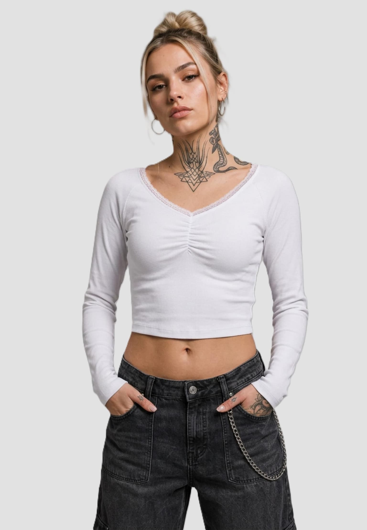 Urban Classics Ladies Short Lognsleeve Lace Shirt