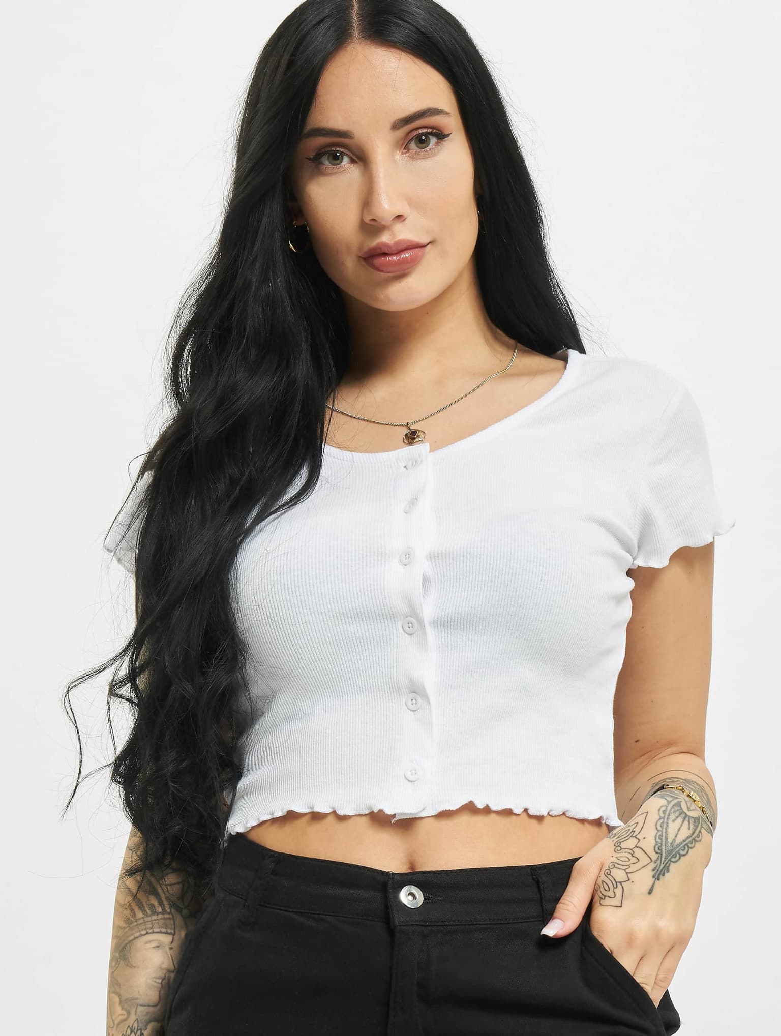 Urban Classics Ladies Cropped Button Up Rib Tee
