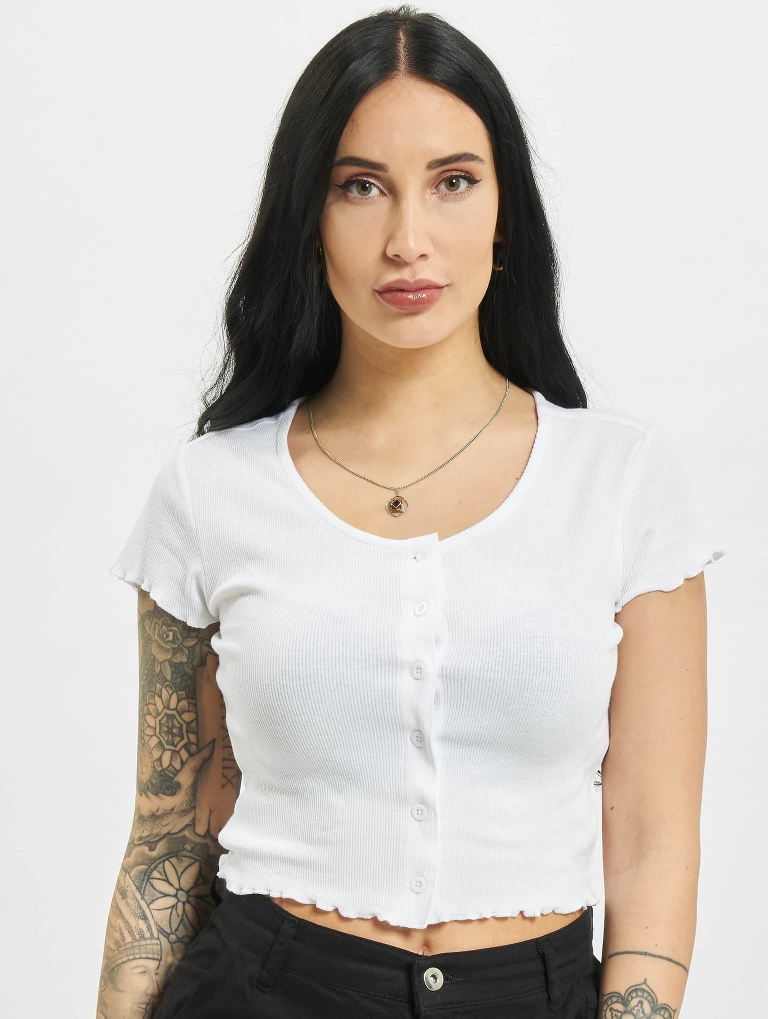 Urban Classics Ladies Cropped Button Up Rib Tee – Bild 3