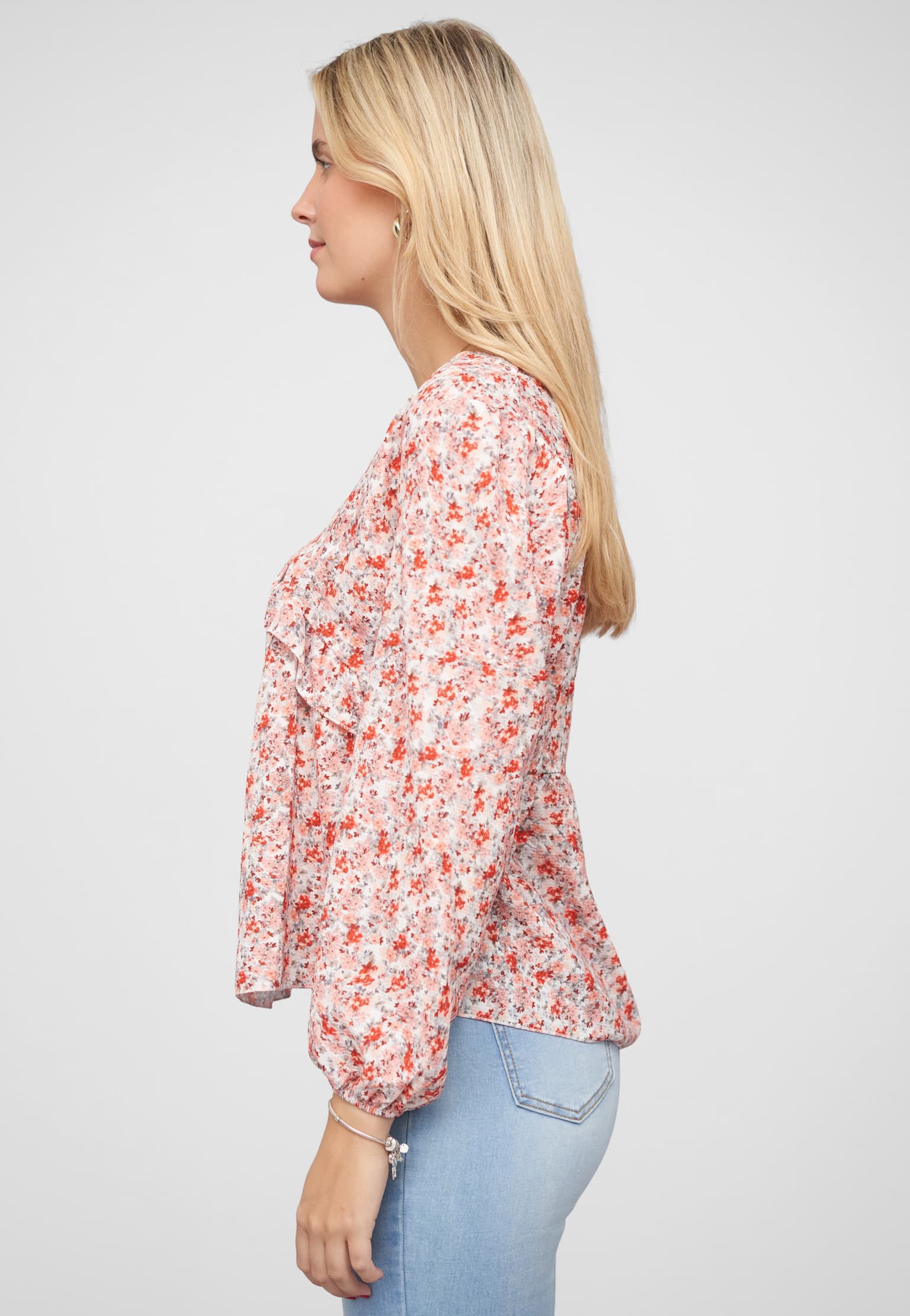 Cloud5ive V-Neck Bluse mit Rüschendetails und Blumen Print – Bild 3