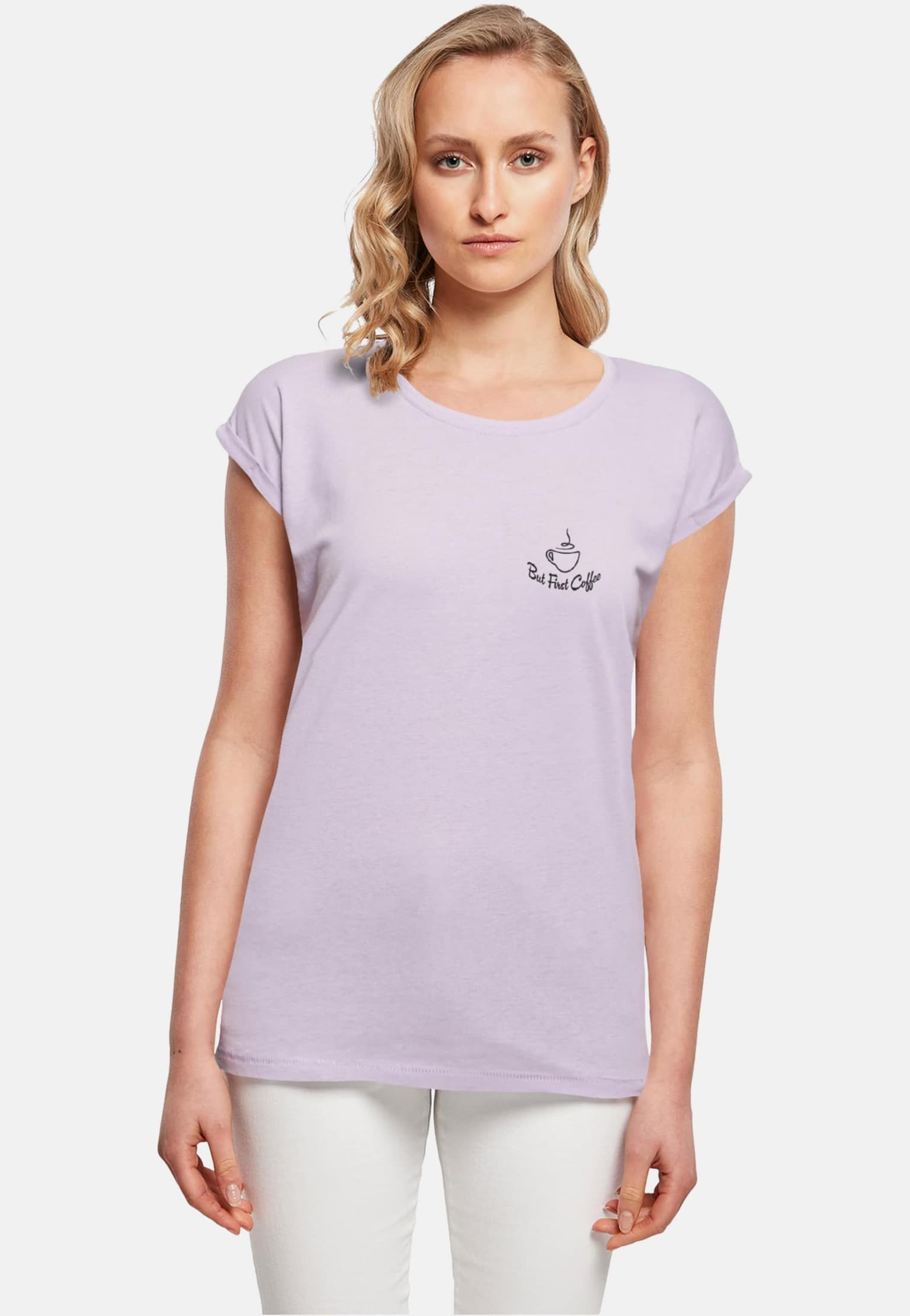 Merchcode POD Ladies But First Coffee Extended Shoulder Tee