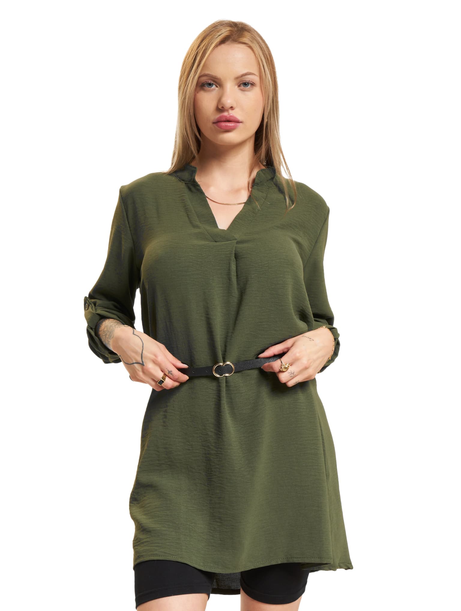 Cloud5ive Damen Longform Musselin Turn-Up Shirt mit Gürtel – Bild 3