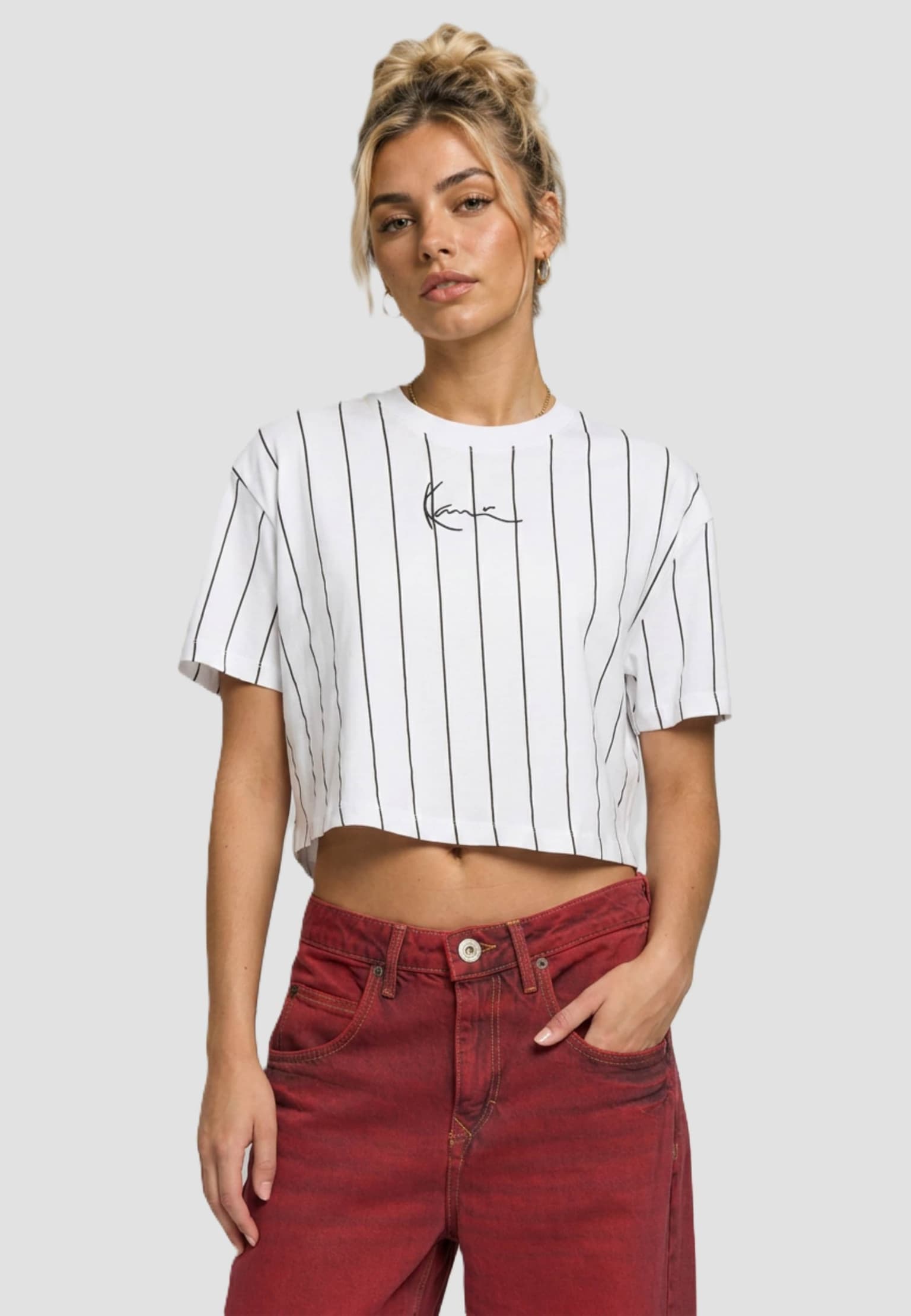 Karl Kani Small Signature Essential Pinstripe Crop T-Shirt