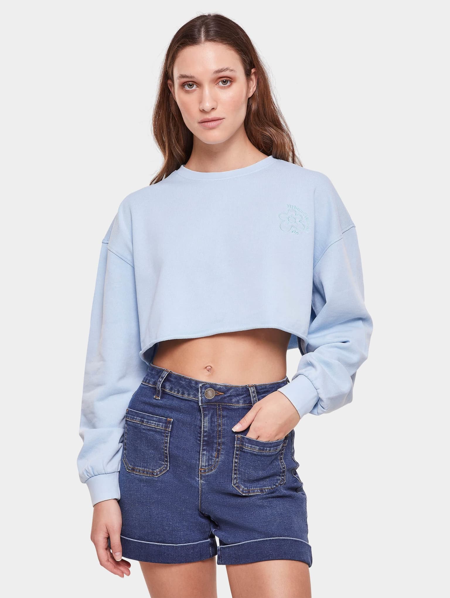 Urban Classics Ladies Cropped Flower Embroidery Terry Crewneck