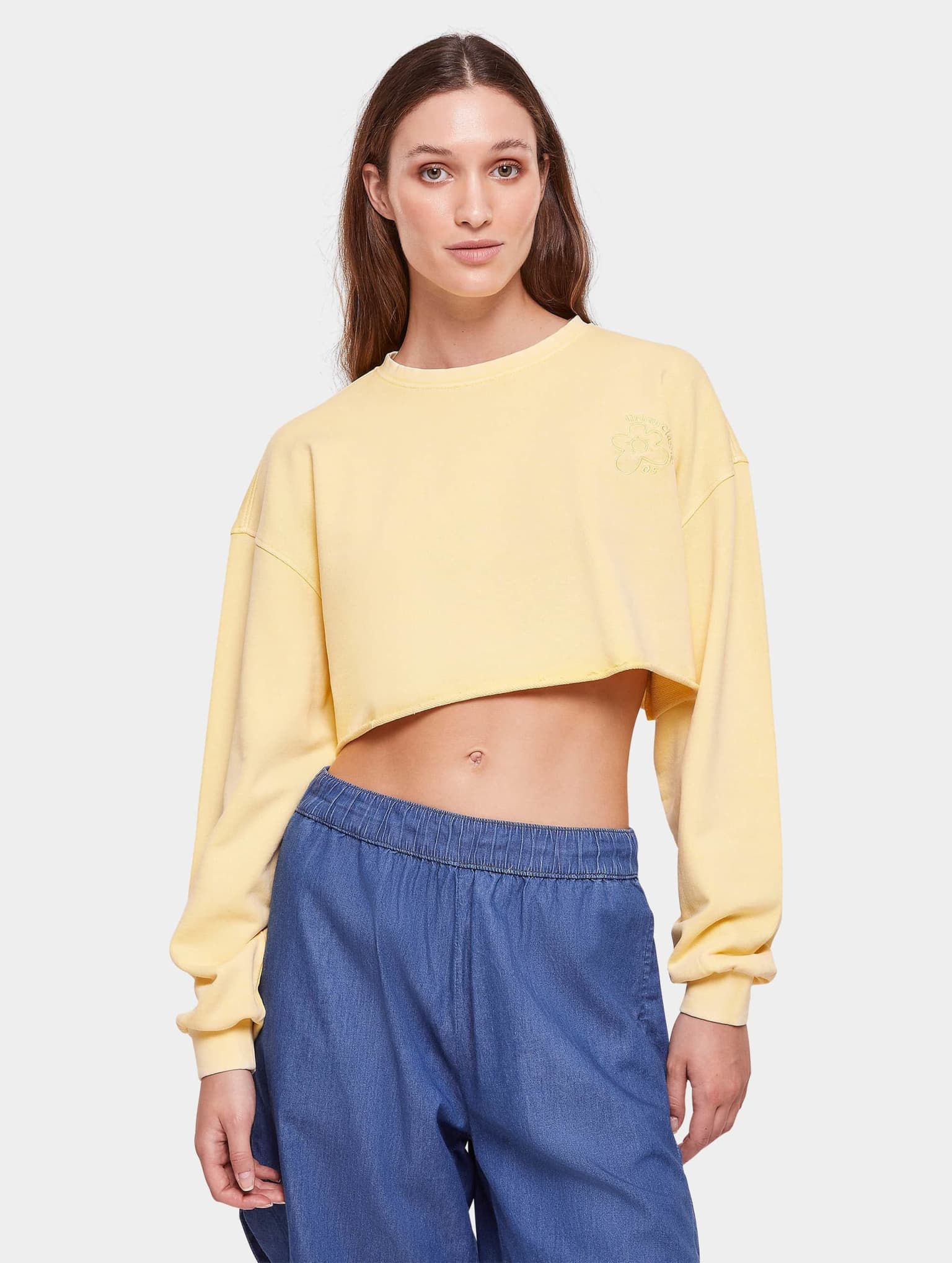 Urban Classics Ladies Cropped Flower Embroidery Terry Crewneck