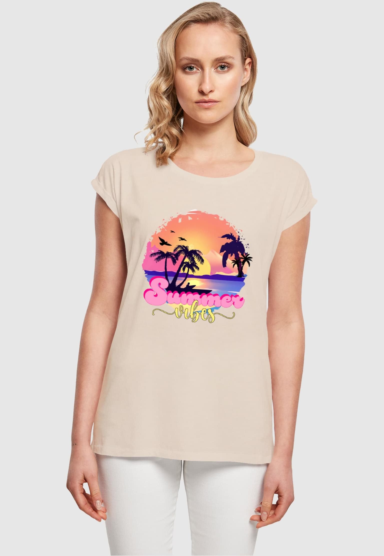 Merchcode Ladies Summer Vibes Sunset Extended Shoulder Tee