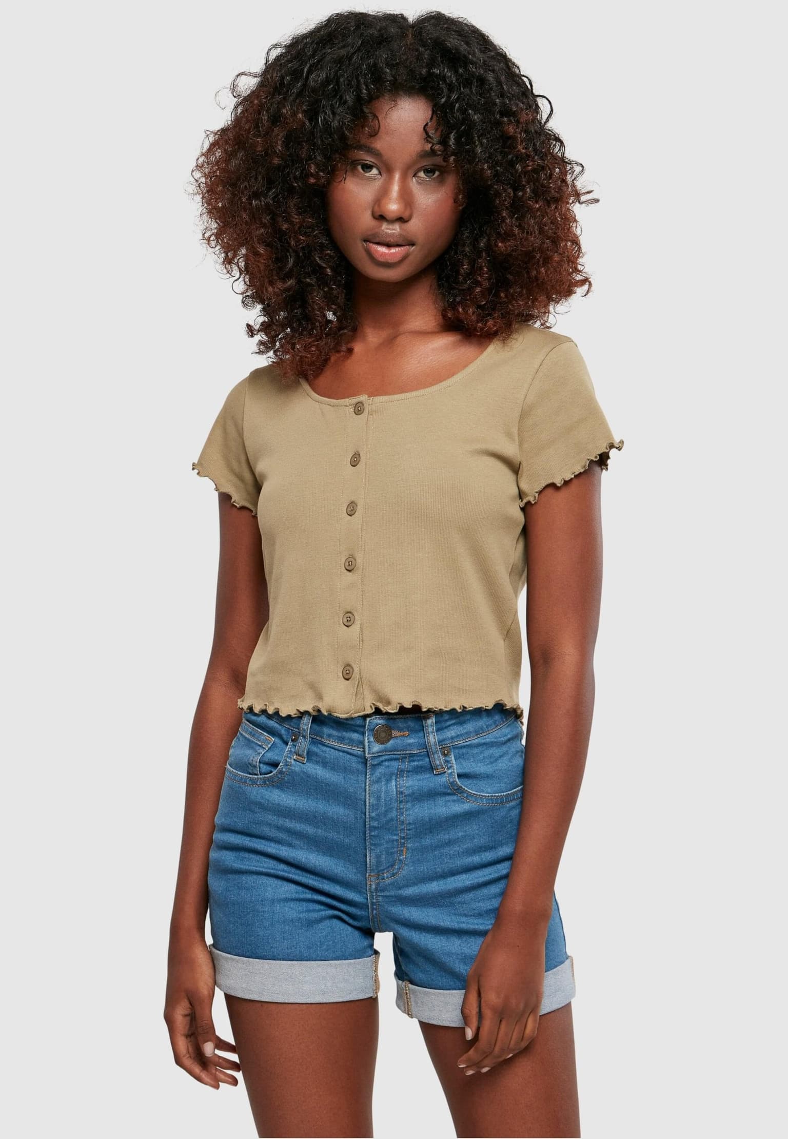 Urban Classics Ladies Cropped Button Up Rib Tee