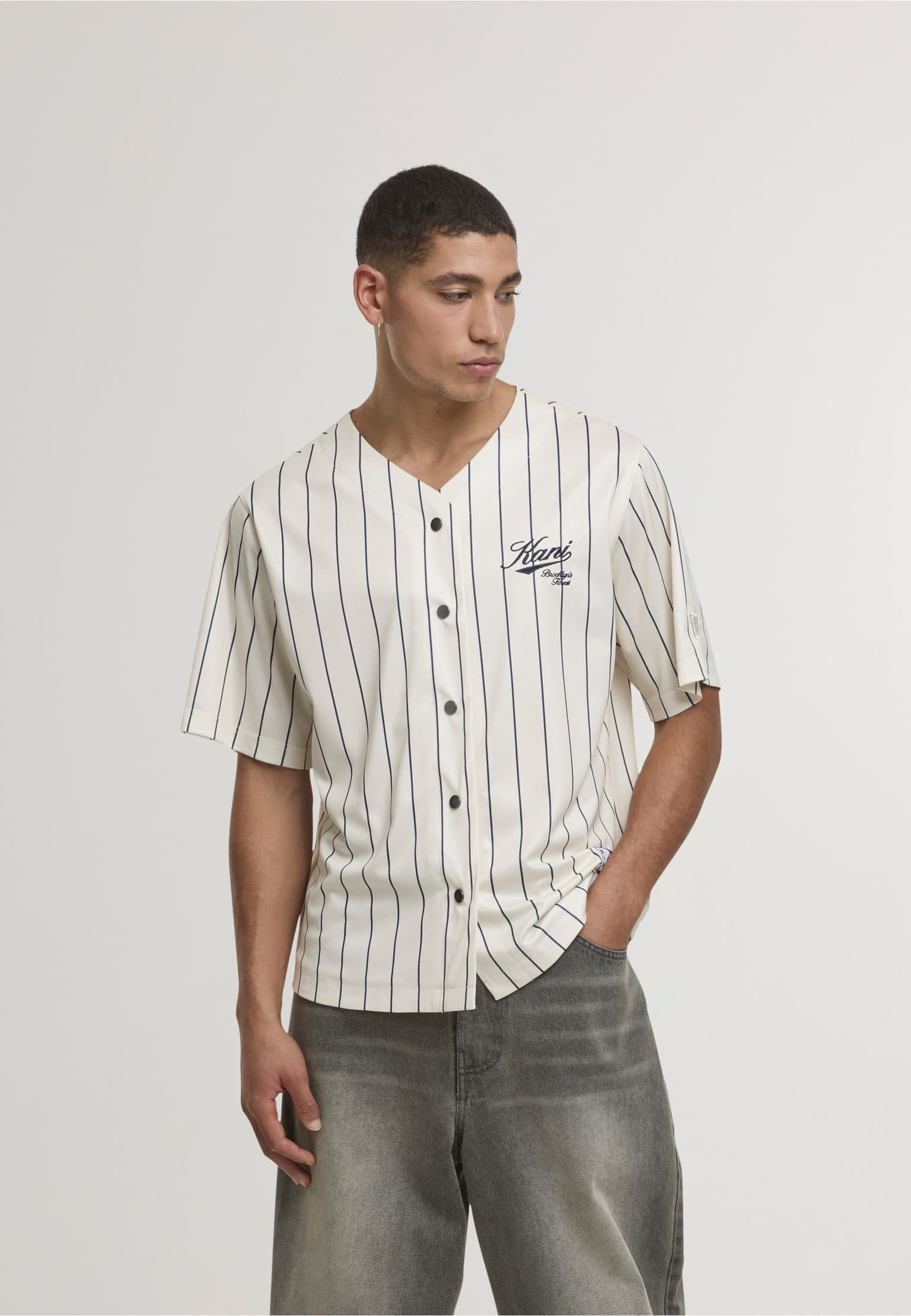 Karl Kani Cursive Varsity Pinstripe Cropped Baseball Jersey