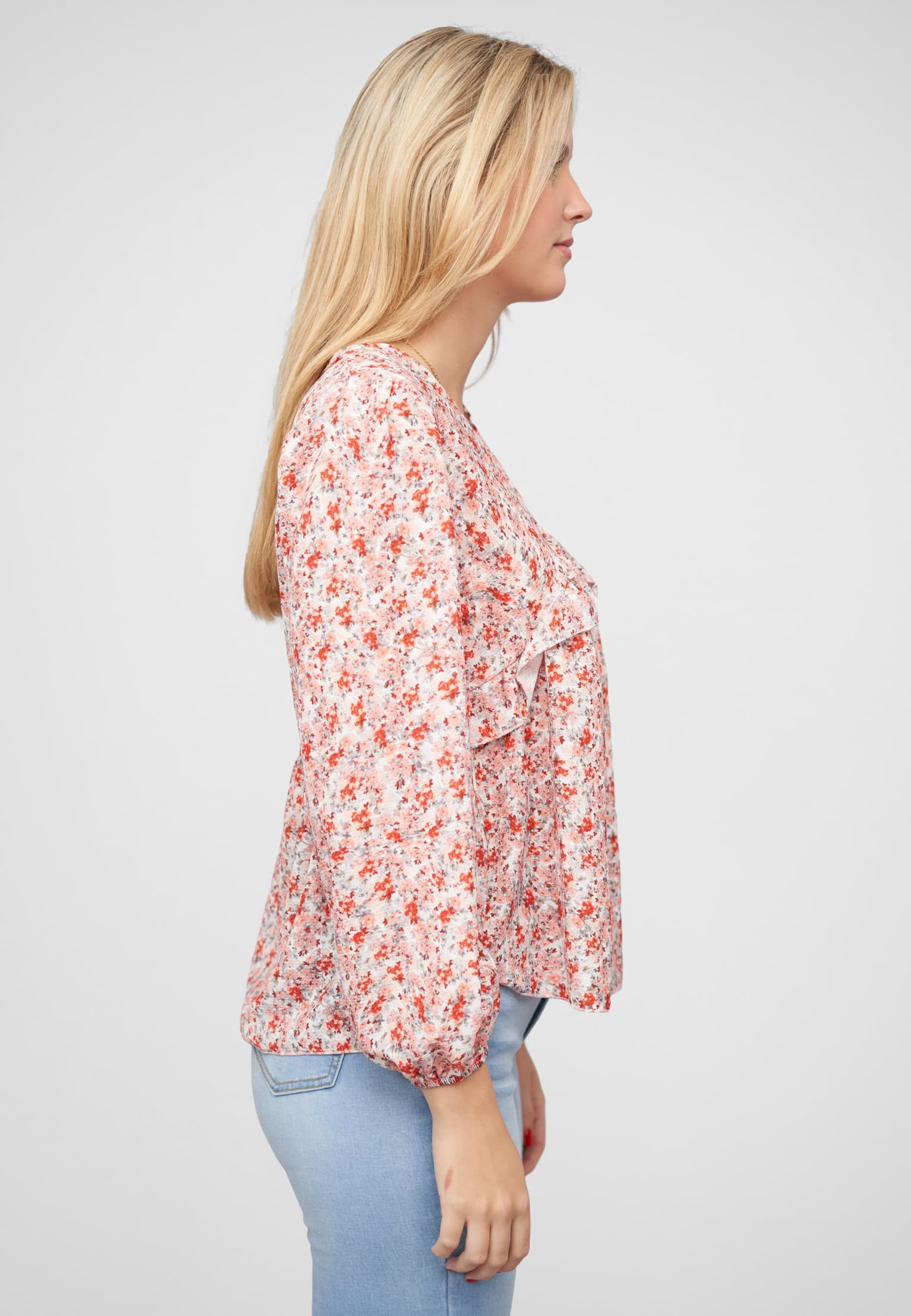 Cloud5ive V-Neck Bluse mit Rüschendetails und Blumen Print – Bild 4