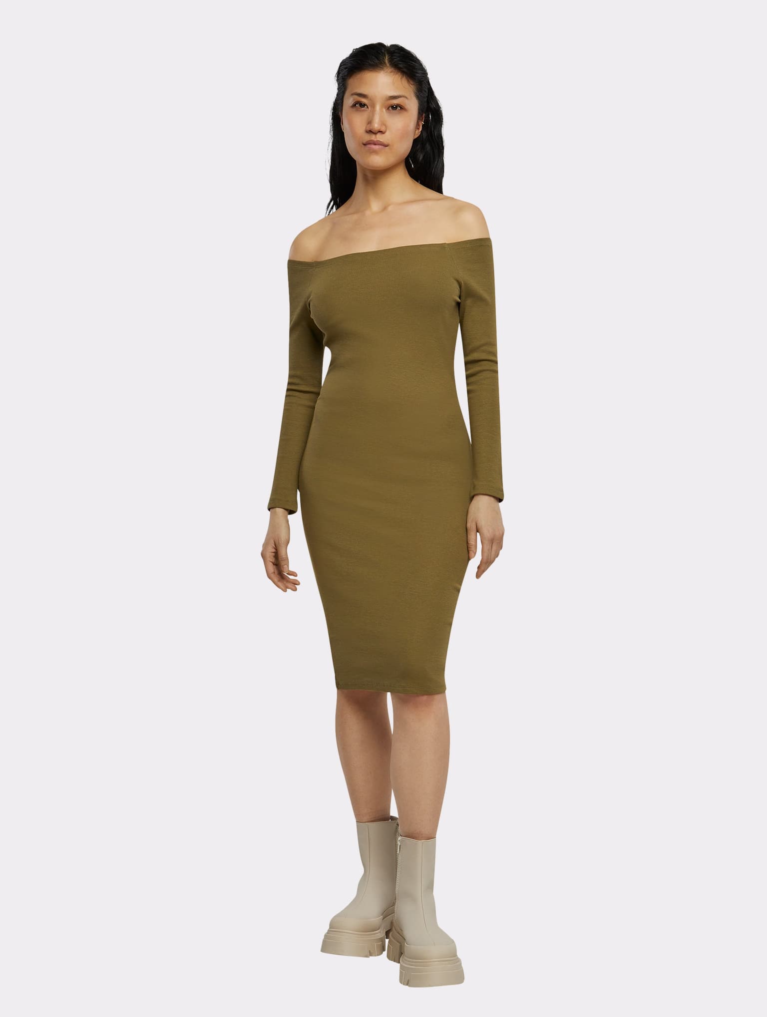 Urban Classics Ladies Off Shoulder Longsleeve Rib Dress