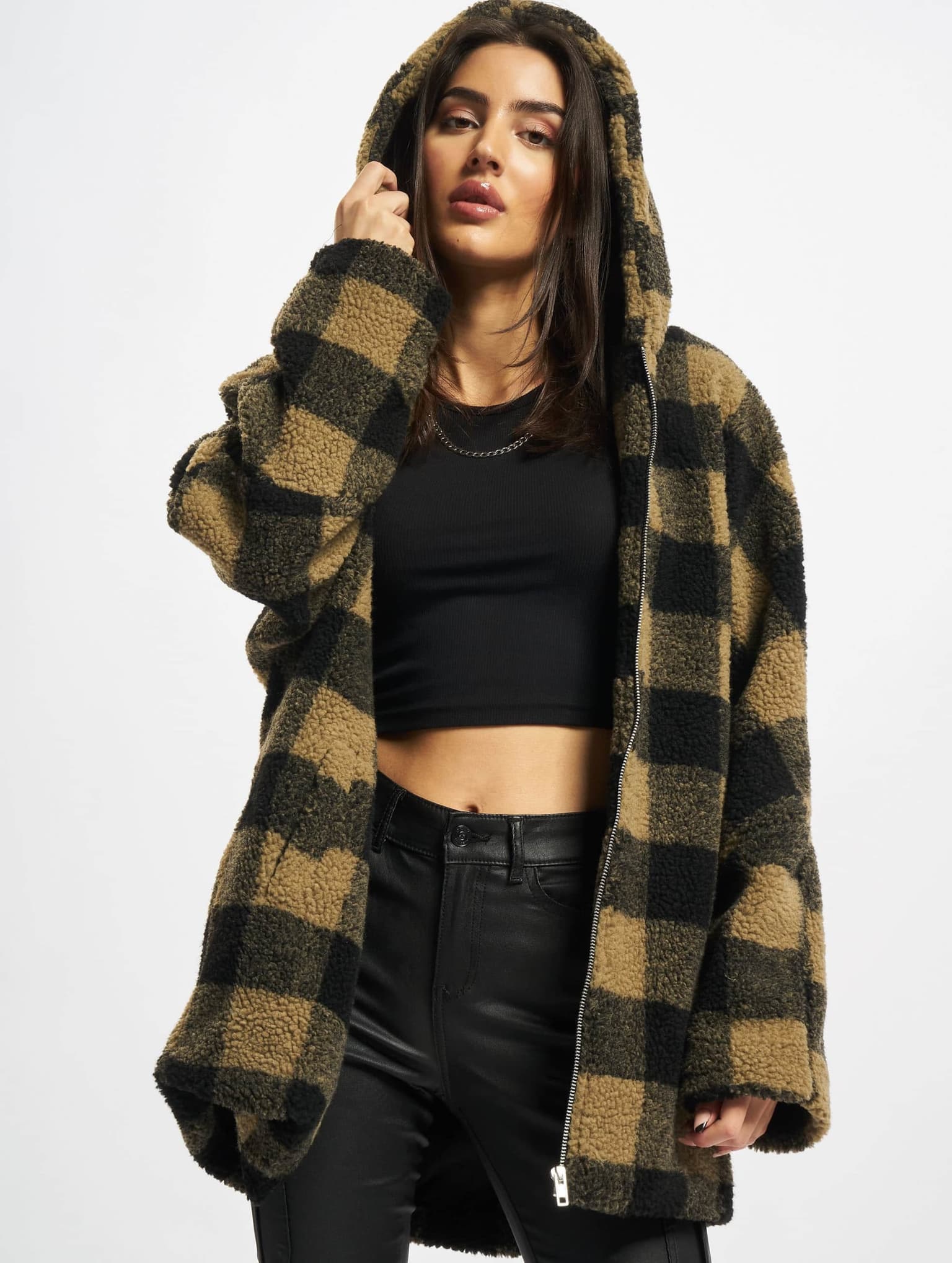 Urban Classics Ladies Hooded Oversized Check Sherpa Jacket