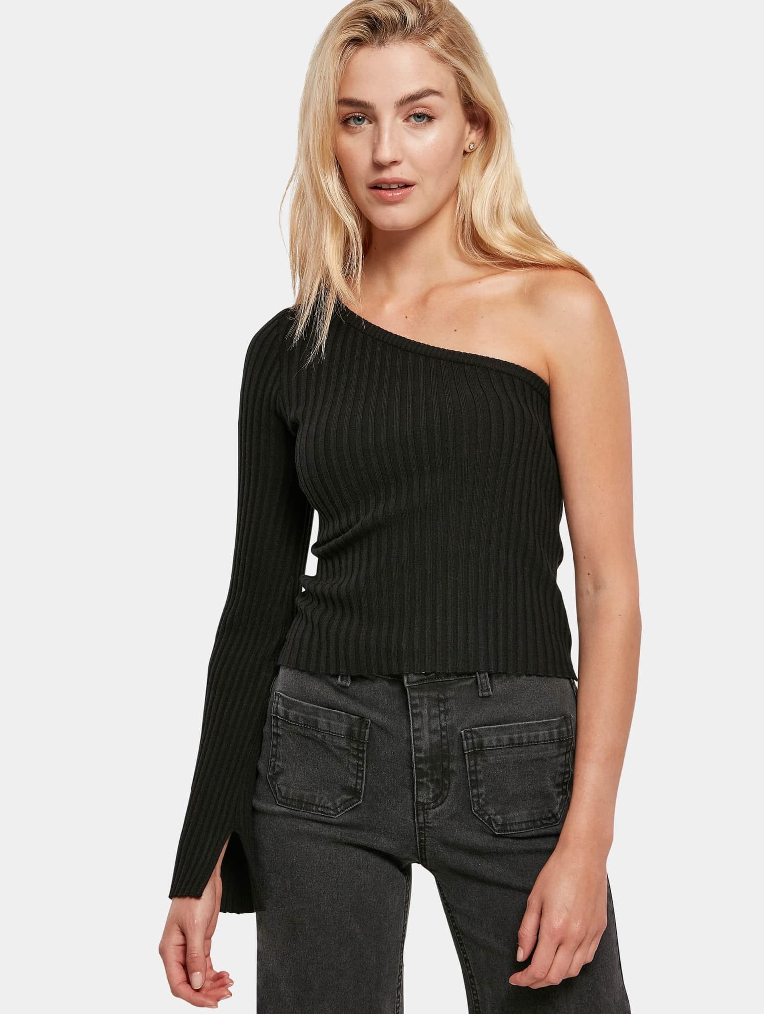 Urban Classics Ladies Short Rib Knit One Sleeve Sweater