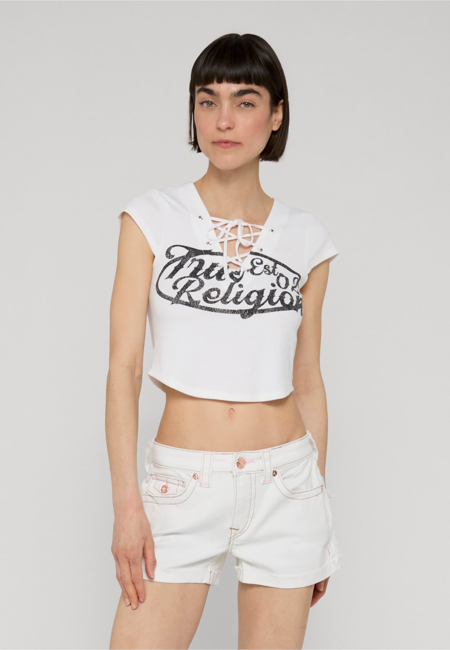 True Religion LACE UP CAP SLVS RIB TOP