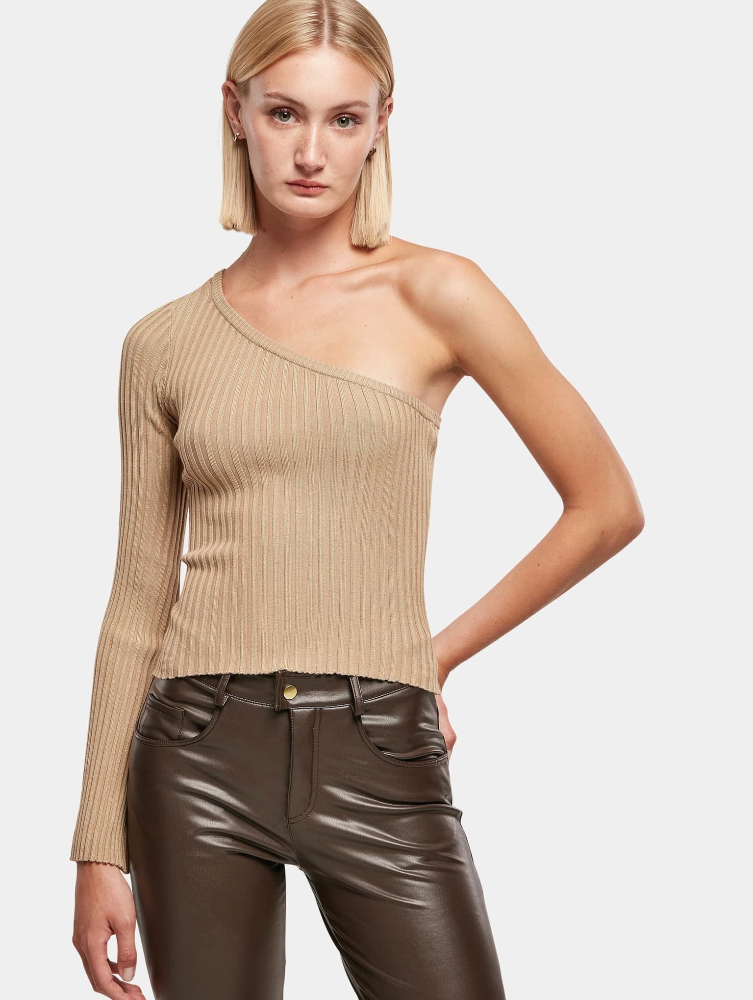 Urban Classics Ladies Short Rib Knit One Sleeve Sweater
